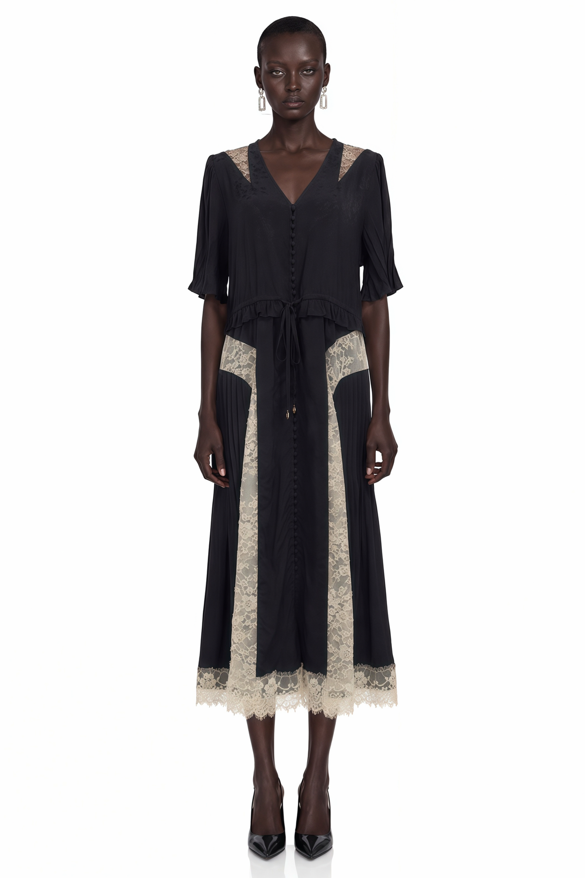 Lace Trim Button Front Midi Dress