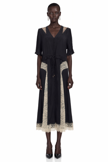 Lace Trim Button Front Midi Dress