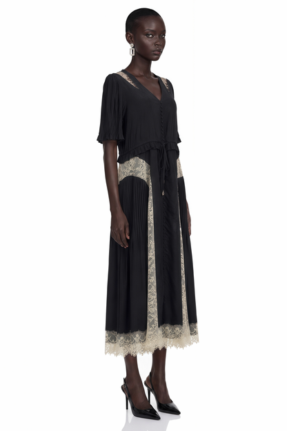 Lace Trim Button Front Midi Dress