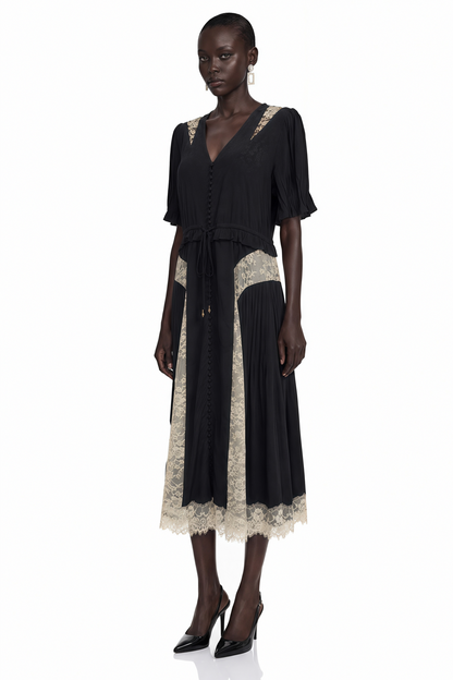 Lace Trim Button Front Midi Dress