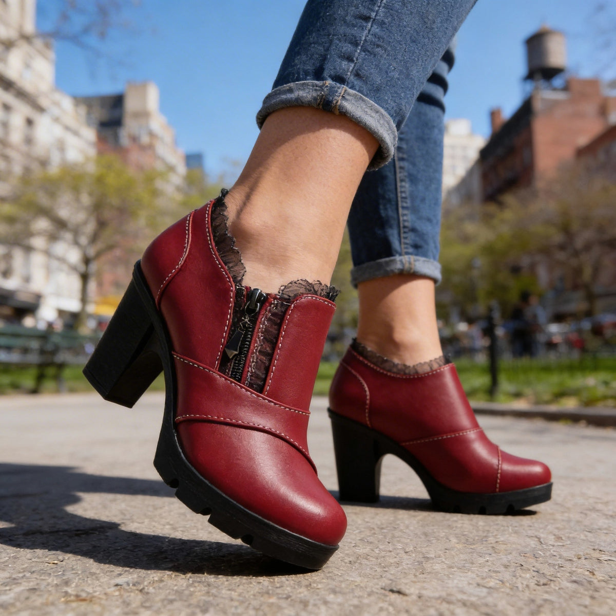 Lace Trim Chunky Heel Booties