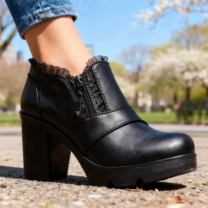 Lace Trim Chunky Heel Booties
