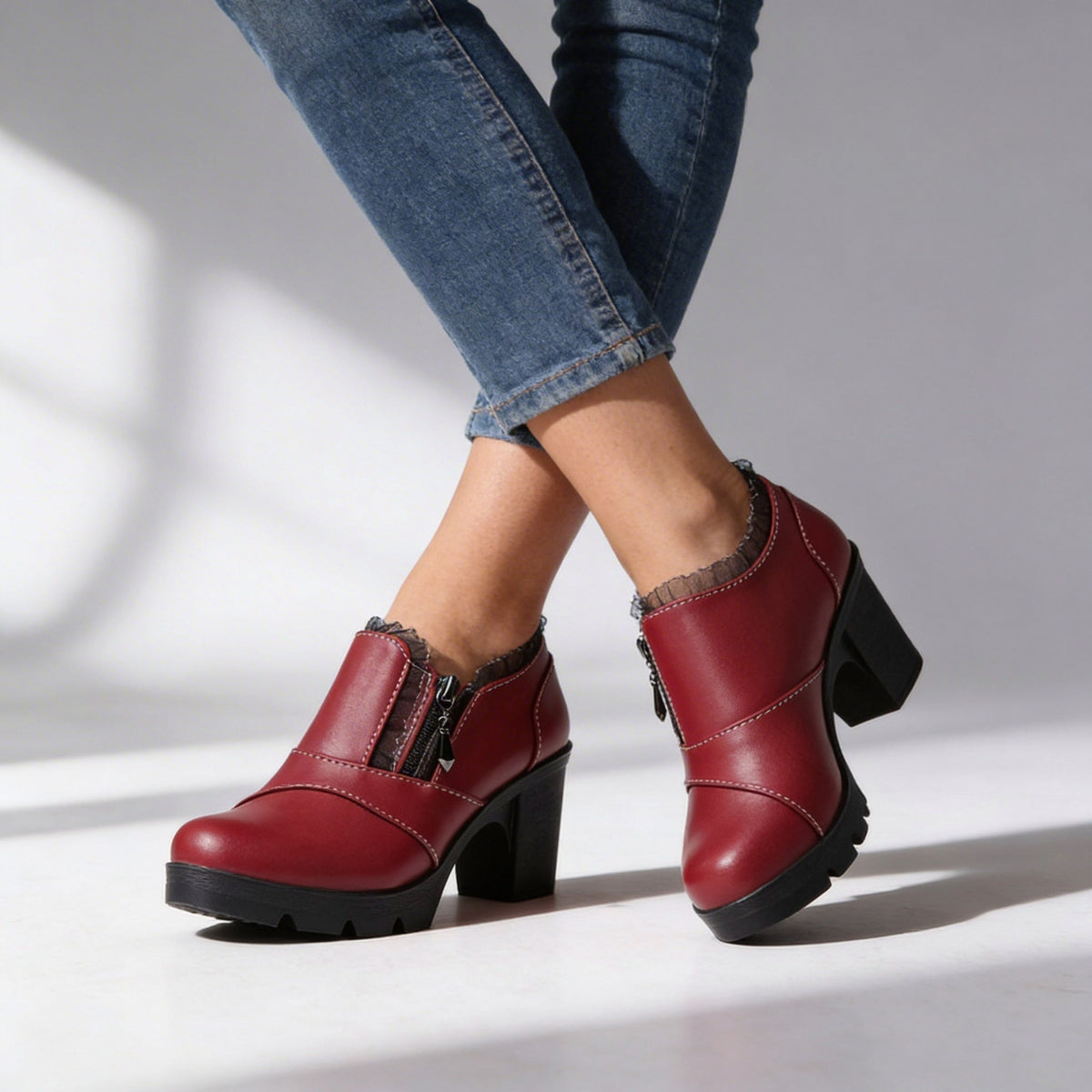 Lace Trim Chunky Heel Booties