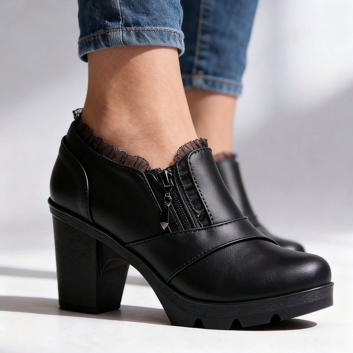 Lace Trim Chunky Heel Booties