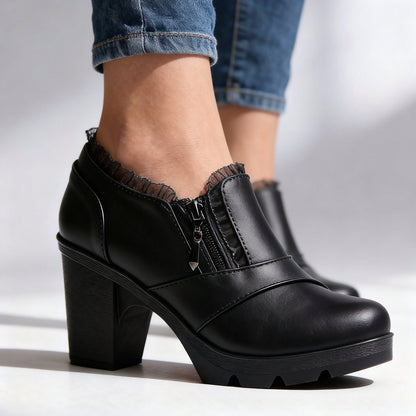 Lace Trim Chunky Heel Booties