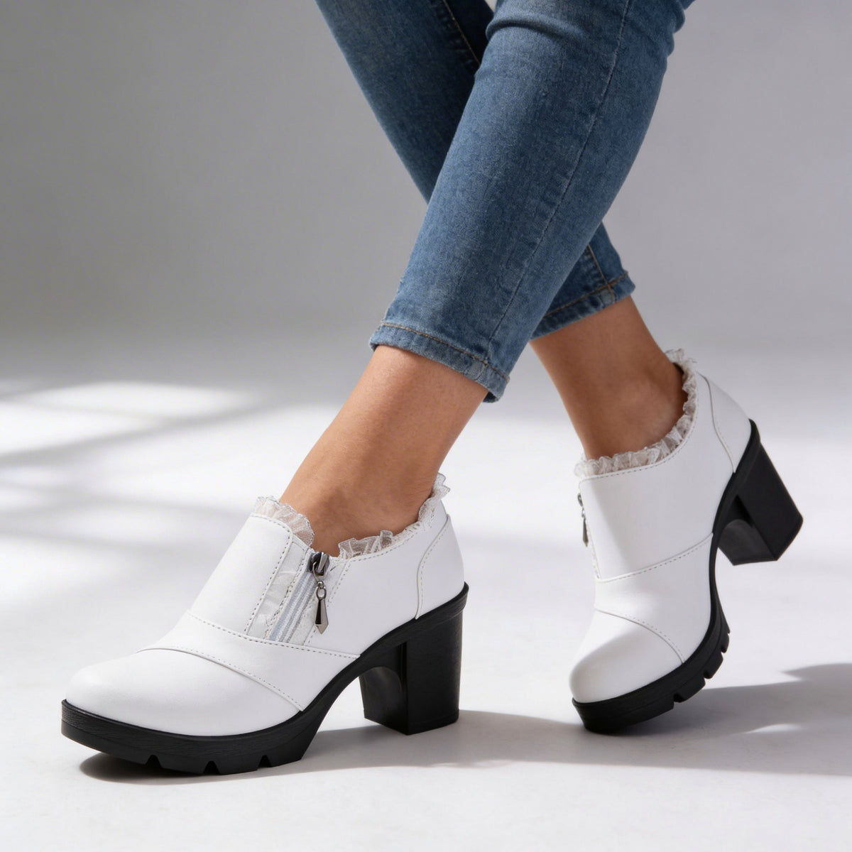 Lace Trim Chunky Heel Booties
