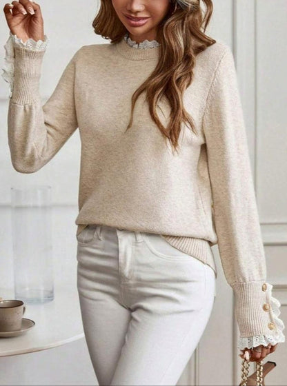 Lace Trim Crewneck Knit Sweater