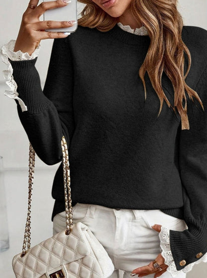 Lace Trim Crewneck Knit Sweater