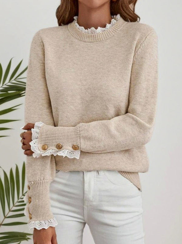 Lace Trim Crewneck Knit Sweater