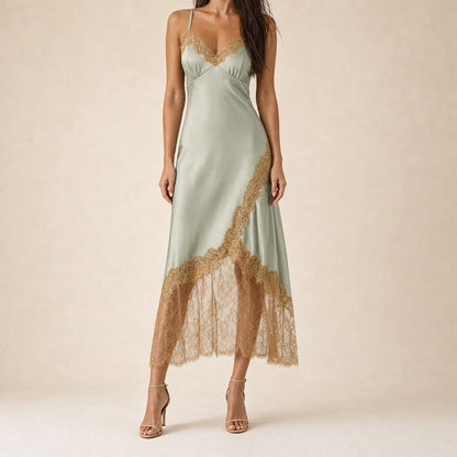 Lace Trim Satin Midi Dress
