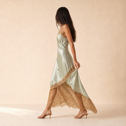 Lace Trim Satin Midi Dress