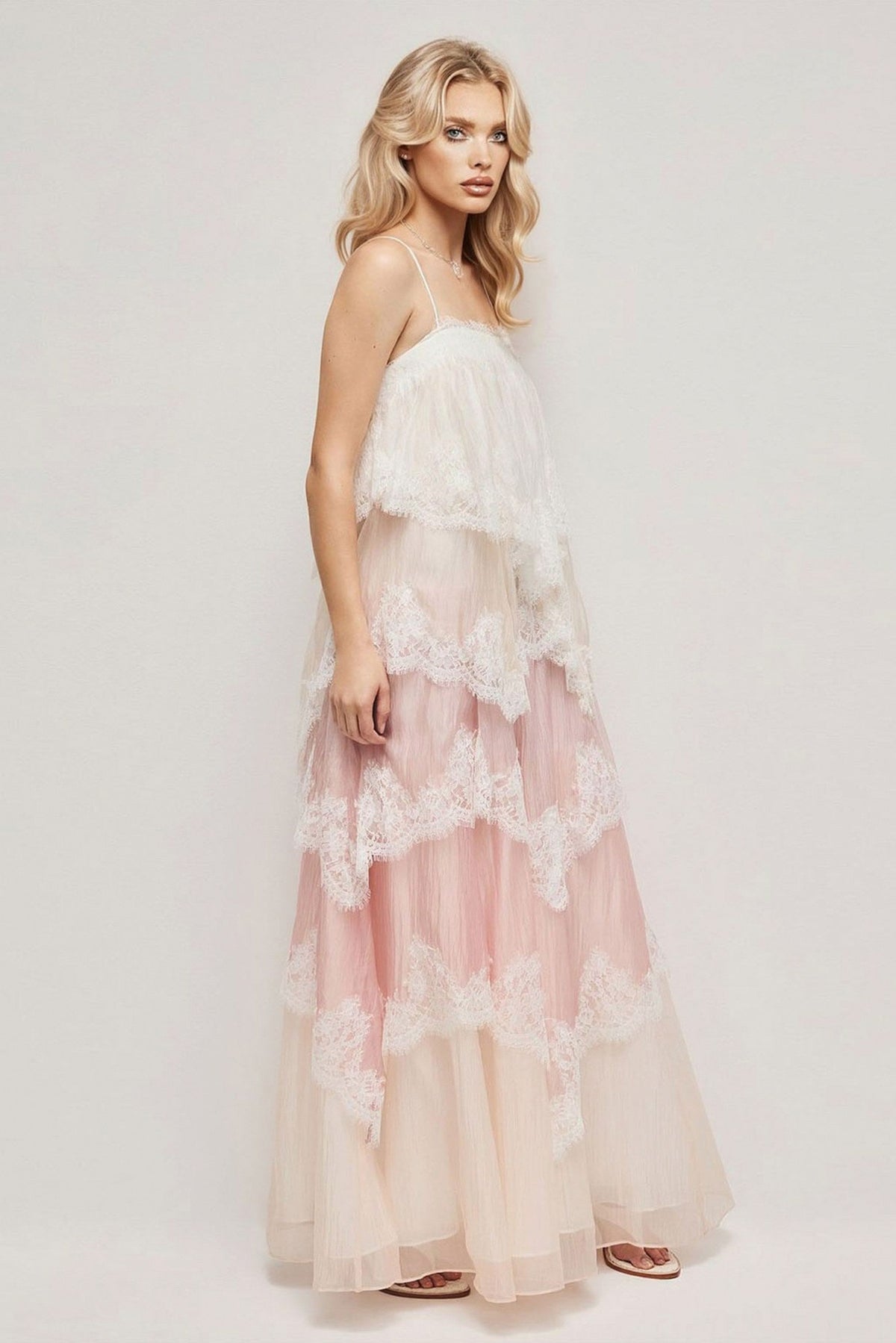 Lace Trim Tiered Maxi Dress