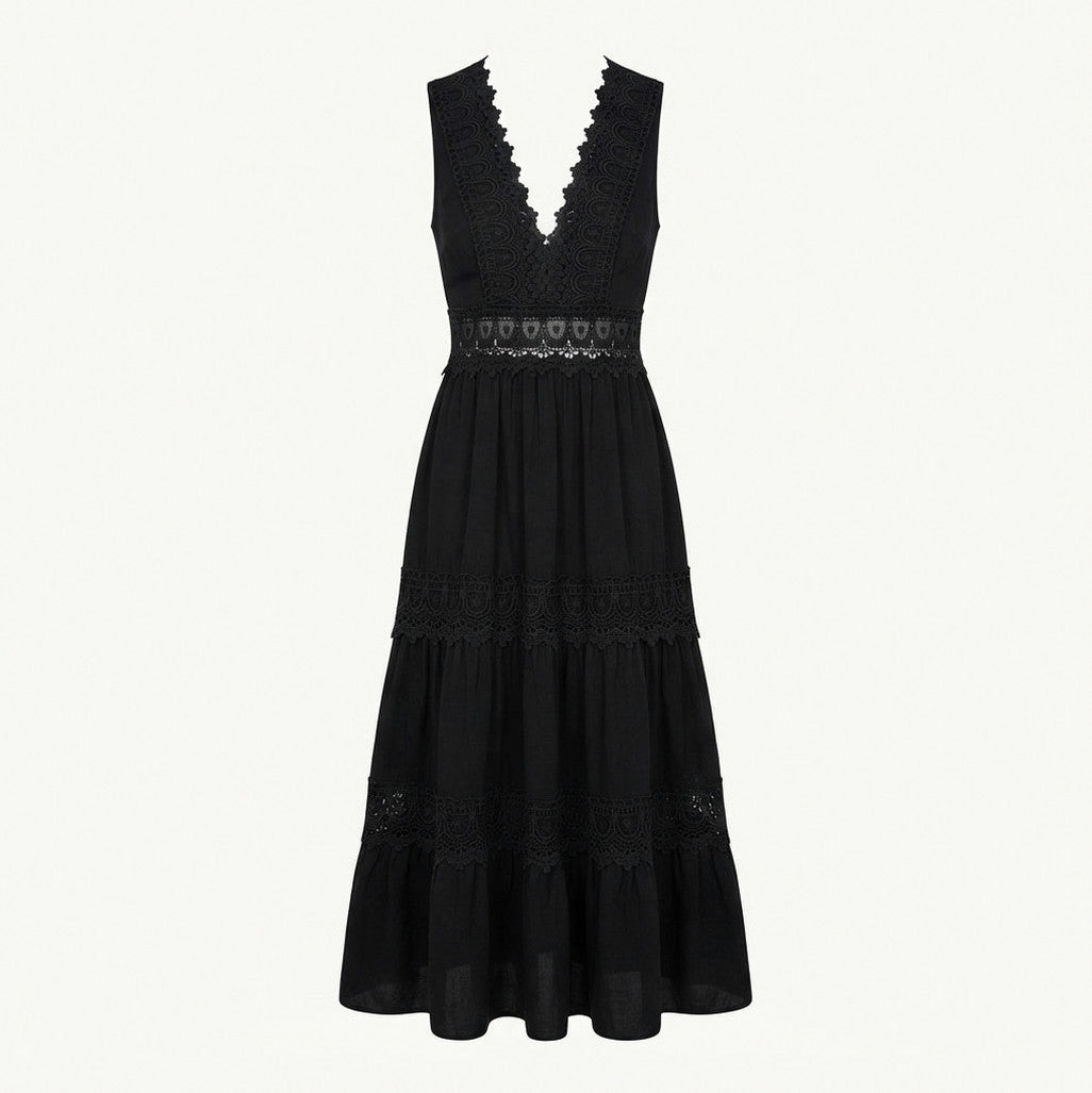 Lace Trim Tiered Maxi Dress