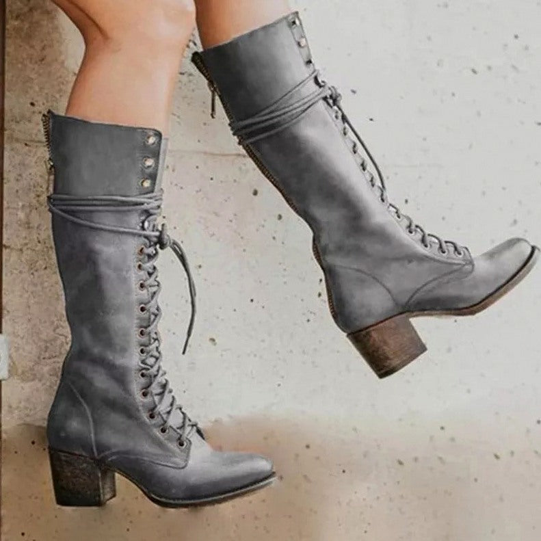 Lace Up Block Heel Knee High Boots