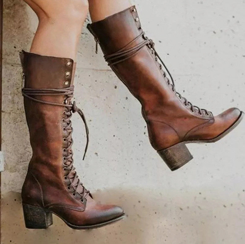 Lace Up Block Heel Knee High Boots