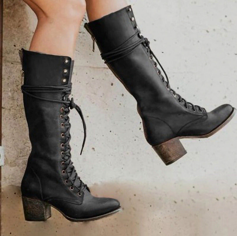 Lace Up Block Heel Knee High Boots