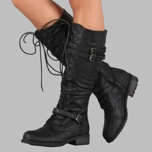 Lace Up Buckle Knee High Boots