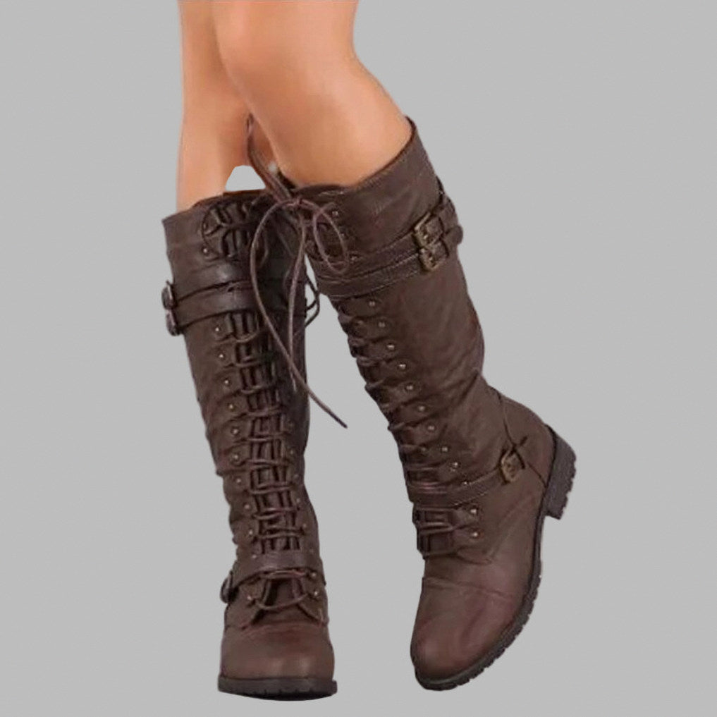 Lace Up Buckle Knee High Boots