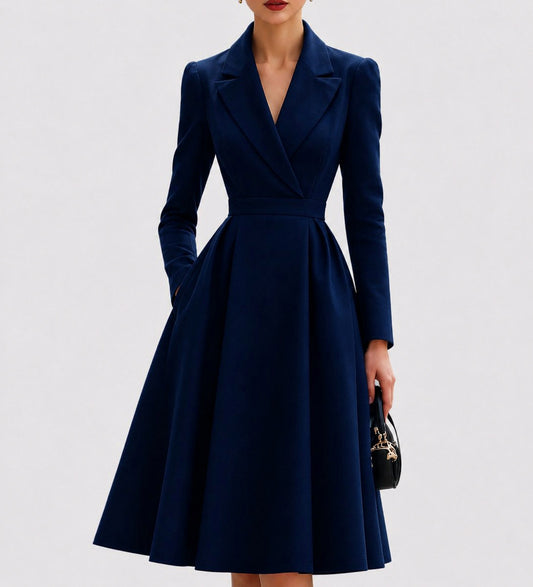 Lapel Long Sleeve Pleated Midi Dress