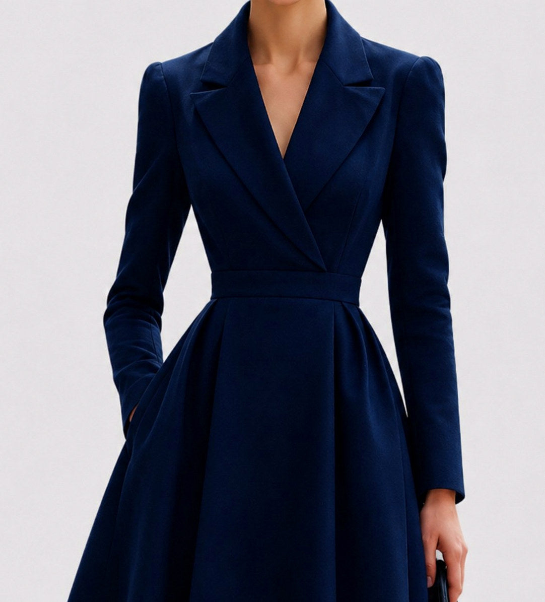 Lapel Long Sleeve Pleated Midi Dress