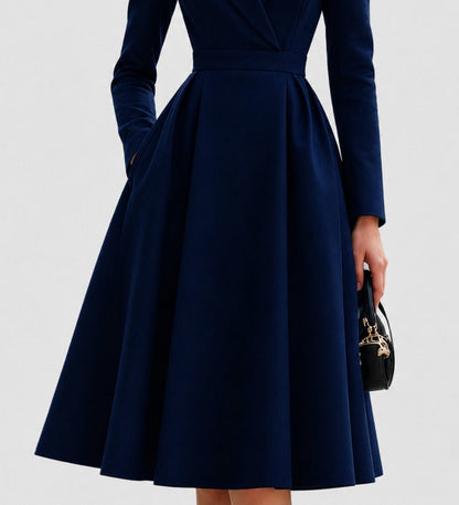 Lapel Long Sleeve Pleated Midi Dress