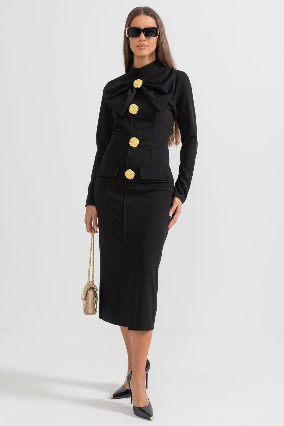 Long Sleeve Bow Midi Dress