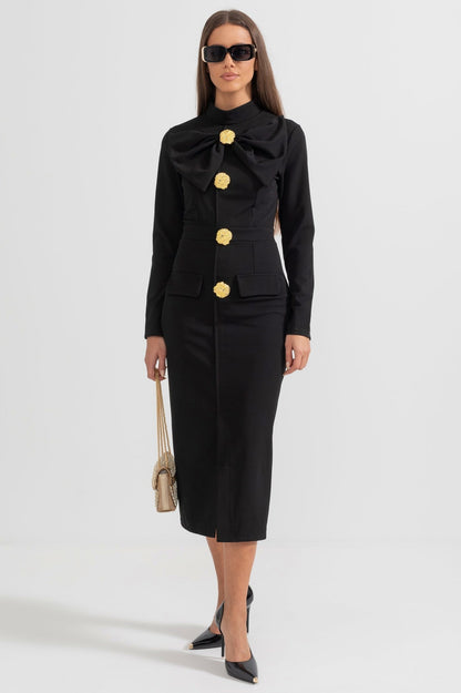 Long Sleeve Bow Midi Dress