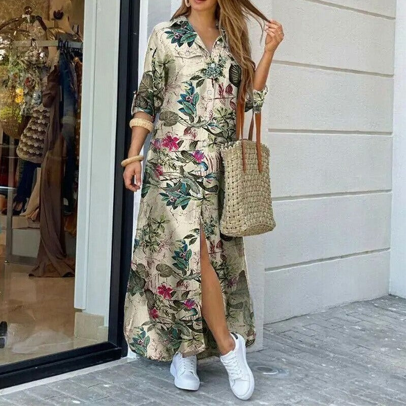 Long Sleeve Slit Maxi Shirt Dress