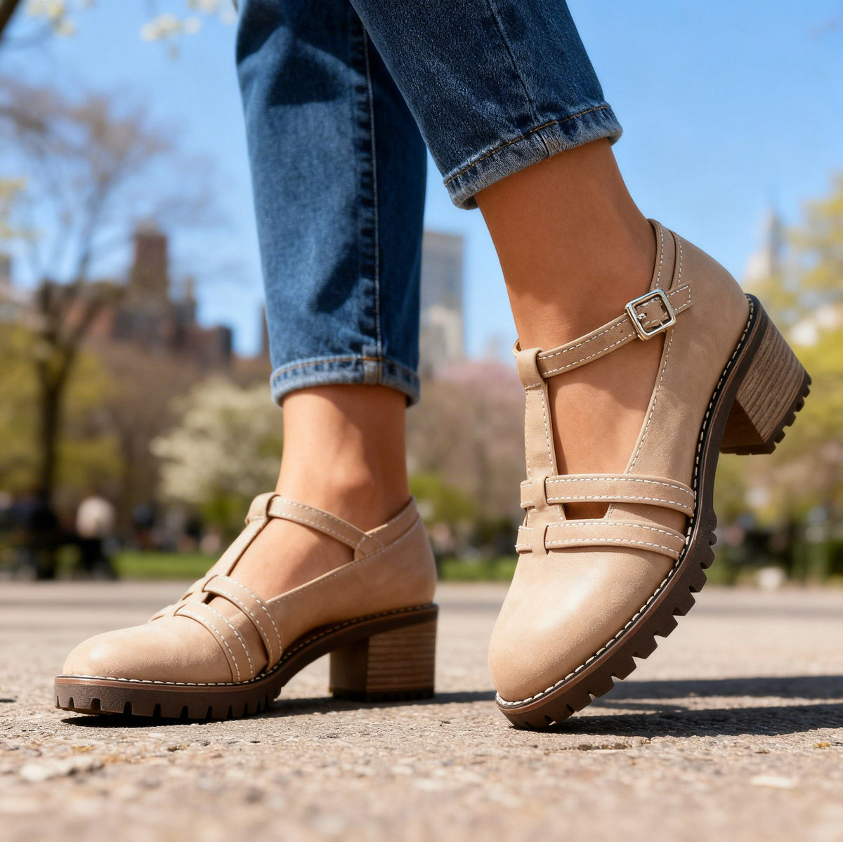 Lug Sole T Strap Mary Jane Heels