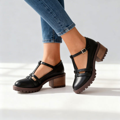 Lug Sole T Strap Mary Jane Heels
