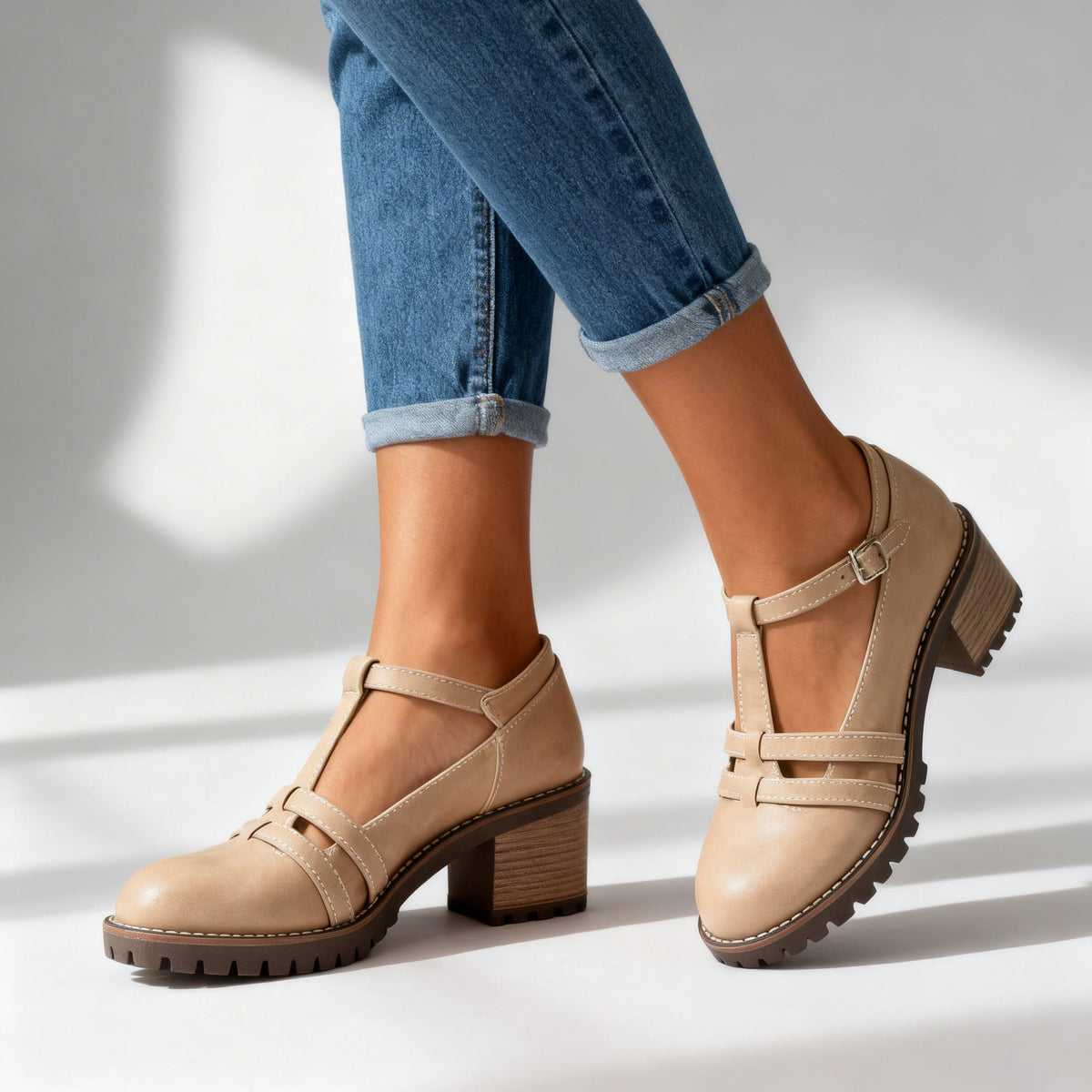 Lug Sole T Strap Mary Jane Heels