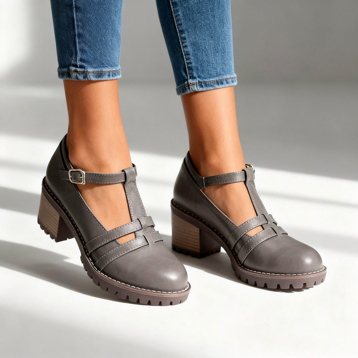 Lug Sole T Strap Mary Jane Heels