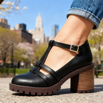 Lug Sole T Strap Mary Jane Heels