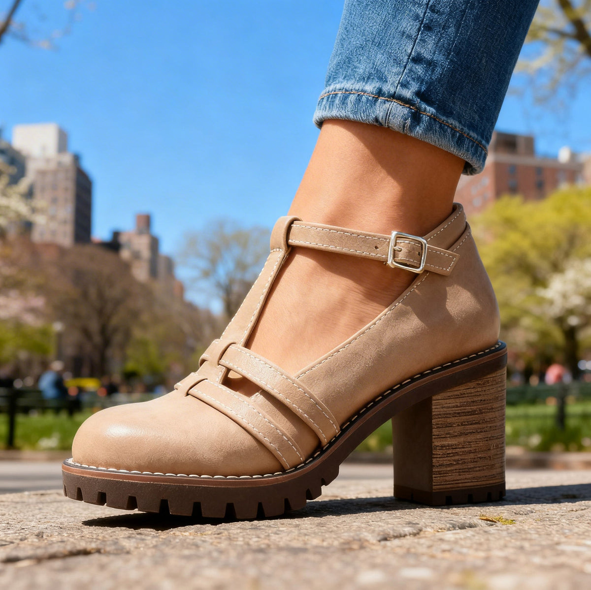 Lug Sole T Strap Mary Jane Heels