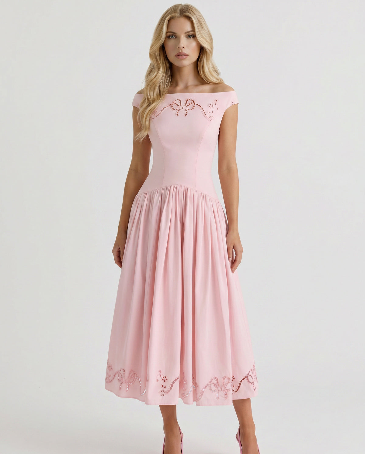 Off Shoulder Drop Waist Midi Dress