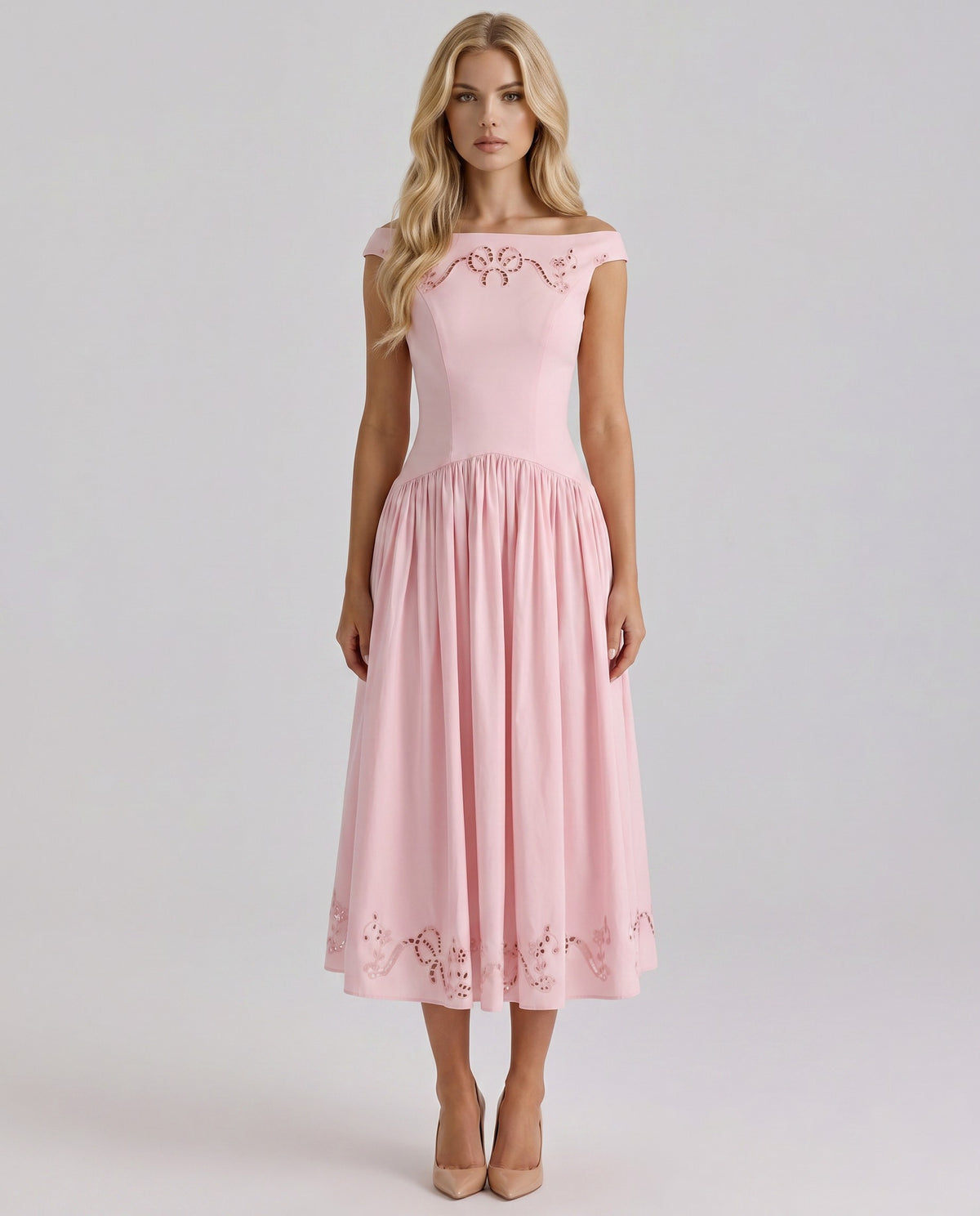 Off Shoulder Drop Waist Midi Dress
