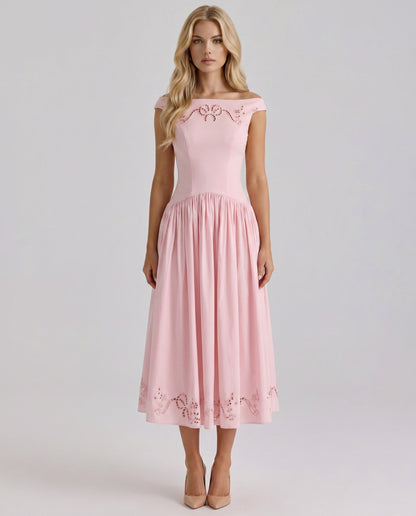 Off Shoulder Drop Waist Midi Dress