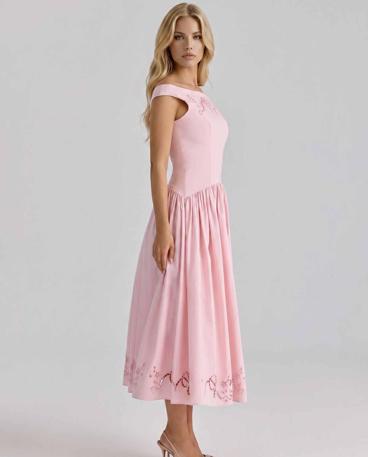 Off Shoulder Drop Waist Midi Dress