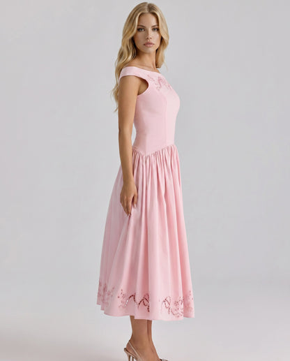 Off Shoulder Drop Waist Midi Dress