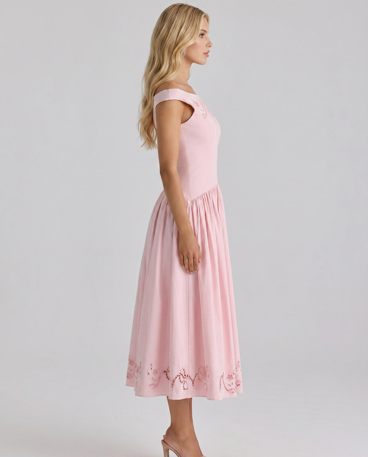 Off Shoulder Drop Waist Midi Dress