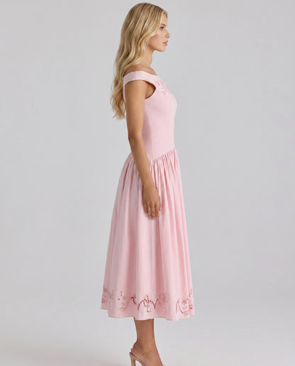 Off Shoulder Drop Waist Midi Dress