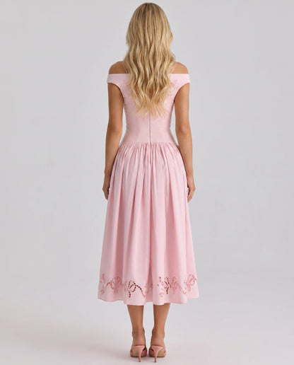 Off Shoulder Drop Waist Midi Dress