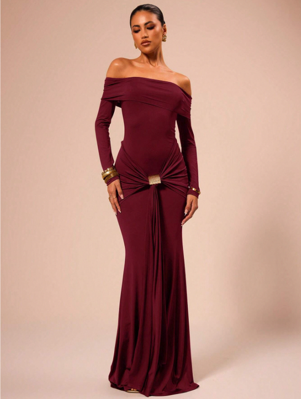 Off Shoulder Long Sleeve Draped Maxi Dress