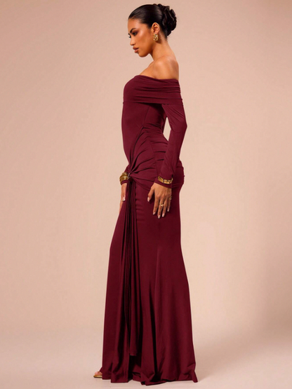 Off Shoulder Long Sleeve Draped Maxi Dress