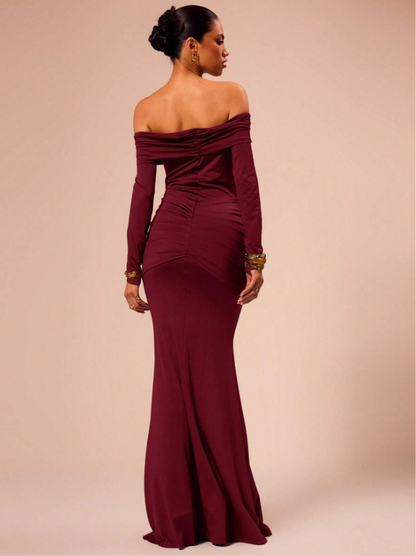 Off Shoulder Long Sleeve Draped Maxi Dress