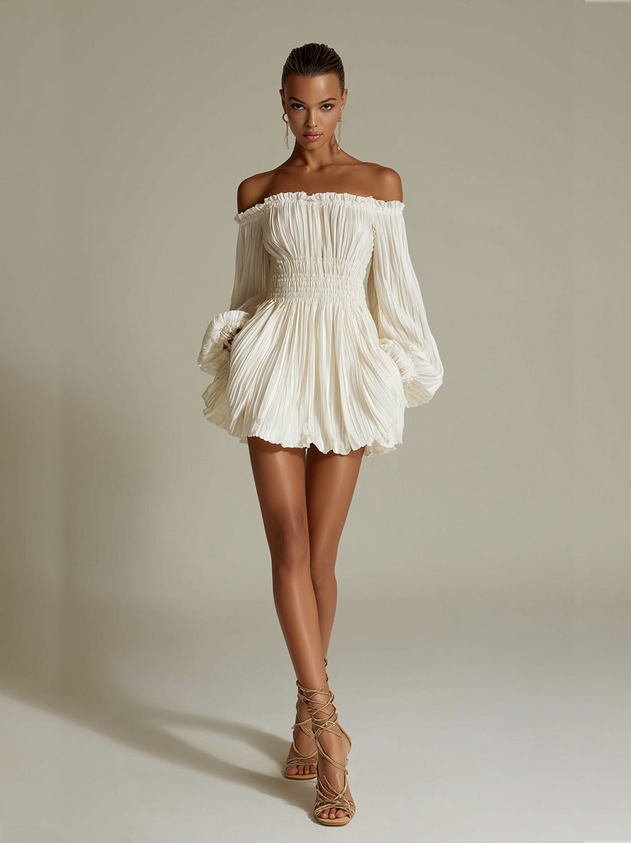 Off Shoulder Long Sleeve Pleated Mini Dress