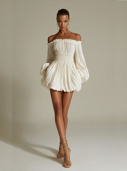 Off Shoulder Long Sleeve Pleated Mini Dress