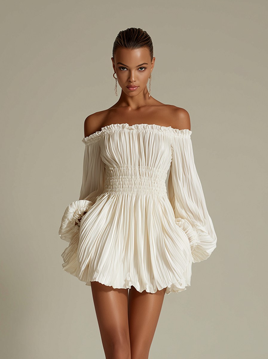 Off Shoulder Long Sleeve Pleated Mini Dress