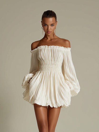 Off Shoulder Long Sleeve Pleated Mini Dress