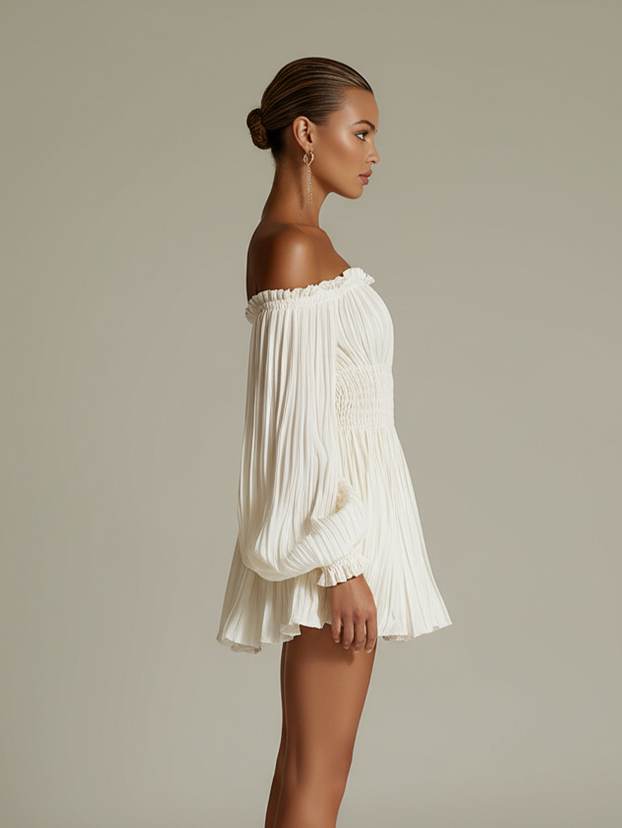 Off Shoulder Long Sleeve Pleated Mini Dress